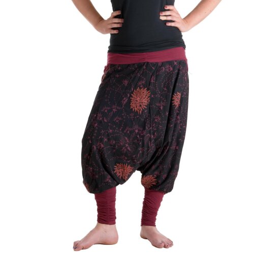 Vishes Bestickte Baumwoll Blumen Haremshose mit tiefem Schritt und Taschen schwarz 38