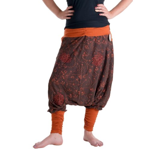 Vishes Bestickte Baumwoll Blumen Haremshose mit tiefem Schritt und Taschen dunkelbraun 40/42