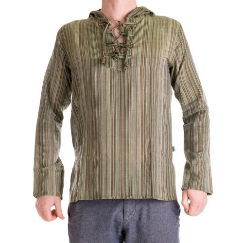 Vishes - Herren Kurta Langarm Baumwollhemd Fischerhemd Kapuze Kapuzenhemd olive S