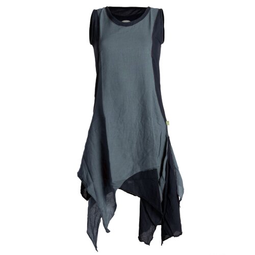 Vishes Ärmelloses Zipfeliges Lagenlook Kleid / Tunika aus handgewebter Baumwolle schwarz-grau 34