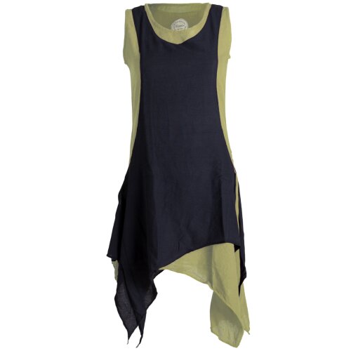 Vishes Ärmelloses Zipfeliges Lagenlook Kleid / Tunika aus handgewebter Baumwolle olive-schwarz 40