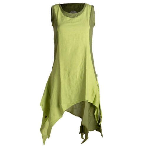 Vishes Ärmelloses Zipfeliges Lagenlook Kleid / Tunika aus handgewebter Baumwolle olive-hellgrün 40