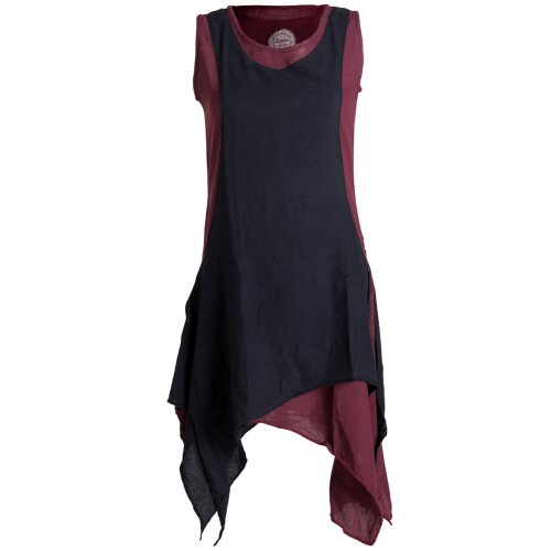 Vishes Ärmelloses Zipfeliges Lagenlook Kleid / Tunika aus handgewebter Baumwolle dunkelrot-schwarz 40