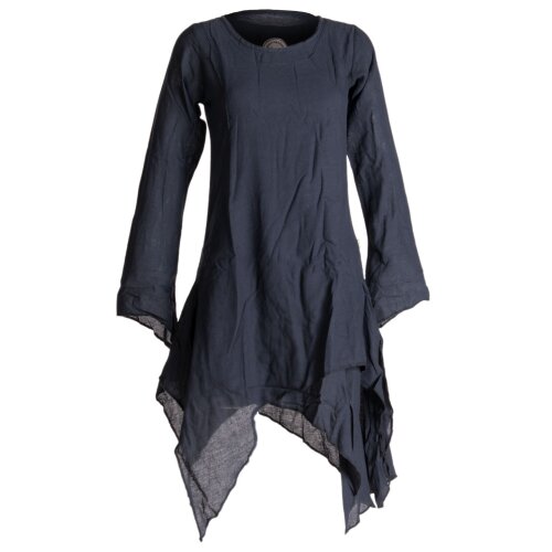 Vishes Langärmliges Zipfeliges Lagenlook Kleid / Tunika aus handgewebter Baumwolle schwarzuni 46