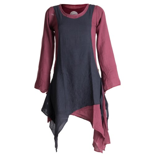 Vishes Langärmliges Zipfeliges Lagenlook Kleid / Tunika aus handgewebter Baumwolle dunkelrot-schwarz 42-44