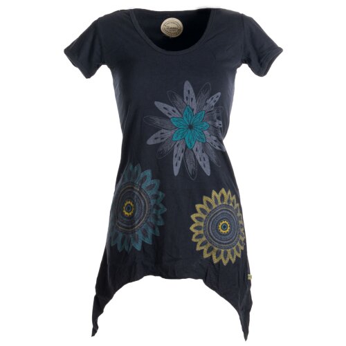Vishes Asymmetrisch geschnittenes Longshirt, Elfen Tunika mit großen Blumen bedruckt schwarz 42