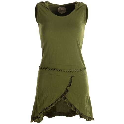 Vishes Asymmetrisches Lagenlook Baumwollkleid mit Rüschen, Flechtwerk und Zipfelkapuze olivegrün 34/36