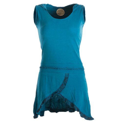 Vishes Asymmetrisches Lagenlook Baumwollkleid mit Rüschen, Flechtwerk und Zipfelkapuze türkis 38