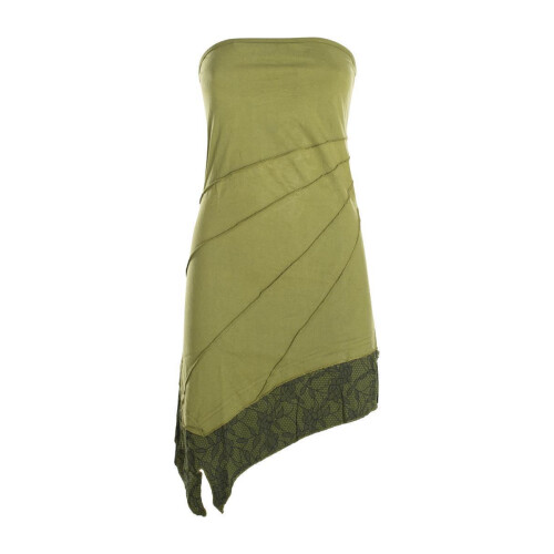 Vishes Trägerloses asymmetrisches Damen Bandeaukleid Mini Sommerkleid im Lagenlook aus leichtem Baumwolljersey olive 44/46