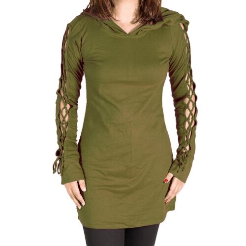 Vishes Einfarbiges Langarm Baumwoll Hoodie-Kleid mit geschnürten Ärmeln olive 36/38