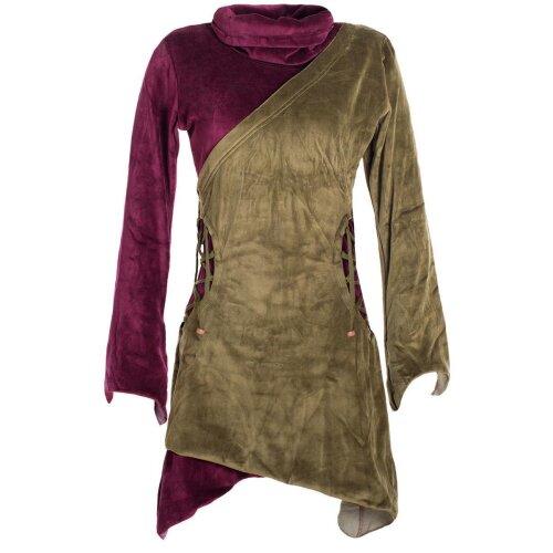 Vishes Asymmetrisches Lagenlook Samtkleid zum Schnüren mit Zipfeln und langen Ärmeln olive-dunkelrot 48-50