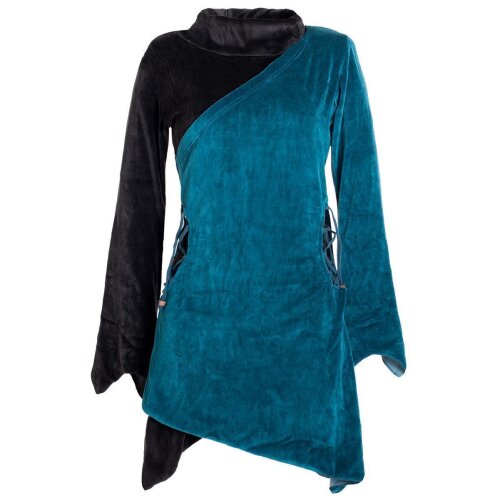 Vishes Asymmetrisches Lagenlook Samtkleid zum Schnüren mit Zipfeln und langen Ärmeln türkis-schwarz 48-50