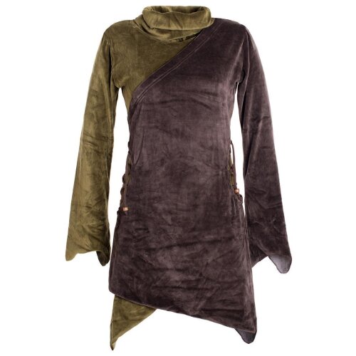 Vishes Asymmetrisches Lagenlook Samtkleid zum Schnüren mit Zipfeln und langen Ärmeln braun-olive 44