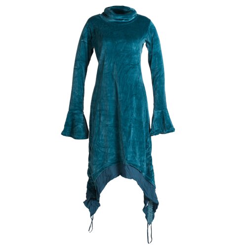 Vishes Extra langes Zipfelkleid aus Samt mit Rüschen an den Ärmeln im Lagenlook türkis 40/42