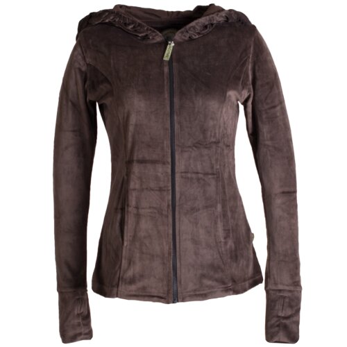 Vishes Samtjacke mit extra großer geraffter Cape Kapuze, Daumenlöchern und Reißverschluss braun 42/44