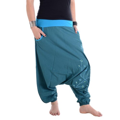 Vishes Baumwoll Haremshose mit Blumenstickerei und Taschen türkis 36