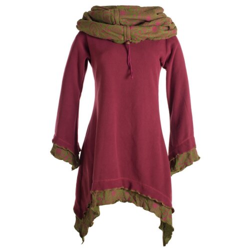 Vishes Lagenlook Zipfelkleid aus Eco Fleece mit langen Ärmeln und großem Kapuzenschalkragen dunkelrot 34-36
