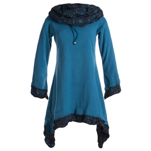Vishes Lagenlook Zipfelkleid aus Eco Fleece mit langen Ärmeln und großem Kapuzenschalkragen türkis 36