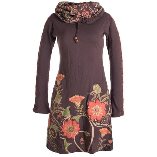 Vishes Langärmliges Blumenkleid aus Baumwolle mit Kapuzenschalkragen braun 42