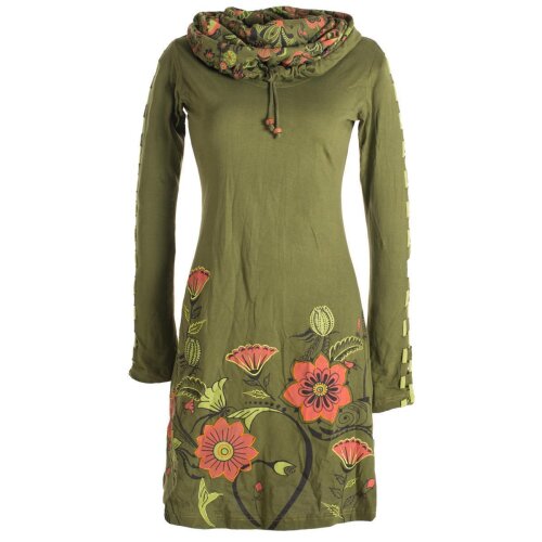 Vishes Langärmliges Blumenkleid aus Baumwolle mit Kapuzenschalkragen olive 38