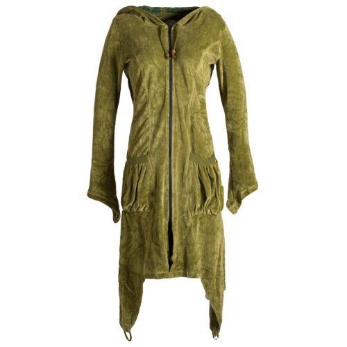 Vishes Ausgefallener Elfen Zipfel Samtmantel mit großen aufgenähten Taschen und extra großer Cape Kapuze olive 42-44
