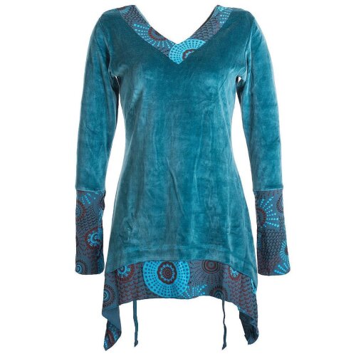 Vishes Lagenlook Samttunika zum Schnüren - mit V-Ausschnitt und Zipfeln türkis 36-38