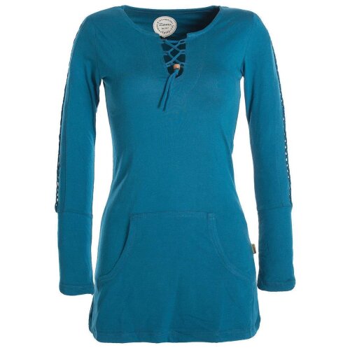 Vishes Langärmlige, einfarbige Tunika aus Biobaumwolle mit Schürung und Kängurutaschen türkis 46