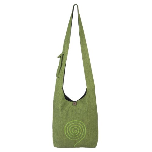 Umhängetasche aus handgewebter Baumwolle mit aufgestickter Spirale hellgrün
