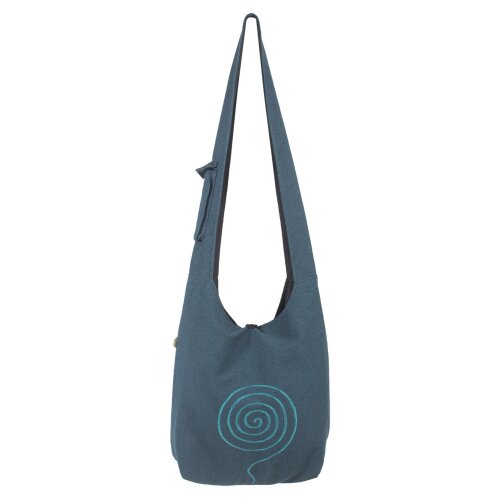 Umhängetasche aus handgewebter Baumwolle mit aufgestickter Spirale türkis