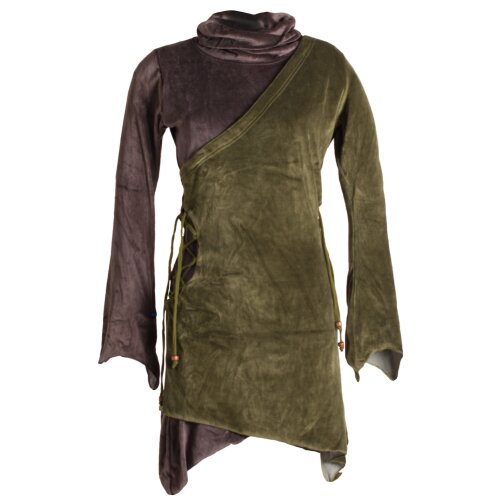 Vishes Asymmetrisches Lagenlook Samtkleid zum Schnüren mit Zipfeln und langen Ärmeln olive-braun 44