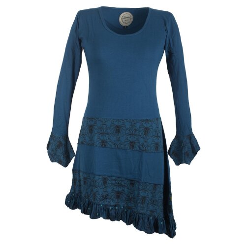 Vishes Asymmetrisches Lagenlook Langarm Baumwollkleid mit Rüschen türkis 46/48