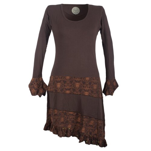Vishes Asymmetrisches Lagenlook Langarm Baumwollkleid mit Rüschen braun 52