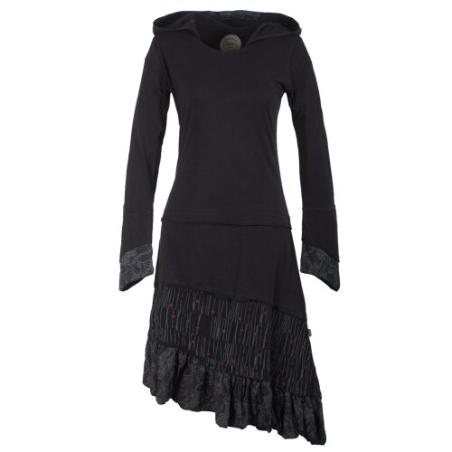 Vishes Lagenlook Langarm Patchwork Elfenkleid mit Zipfelkapuze und Rüschen schwarz 34-36