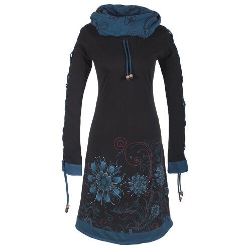 Vishes Bedrucktes Damen Blumen Kleid mit Schalkragen und Schnüren schwarz 36