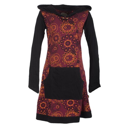 Vishes Kapuzenkleid aus Baumwolle mit Kangurutasche und Blumen dunkelrot 48