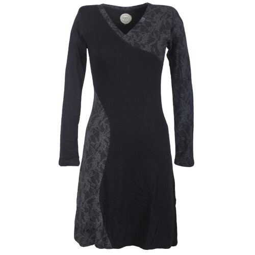 Vishes Asymmetrisches Damen Lagenlook Kleid Baumwolle mit Spitze bedruckt schwarz 48