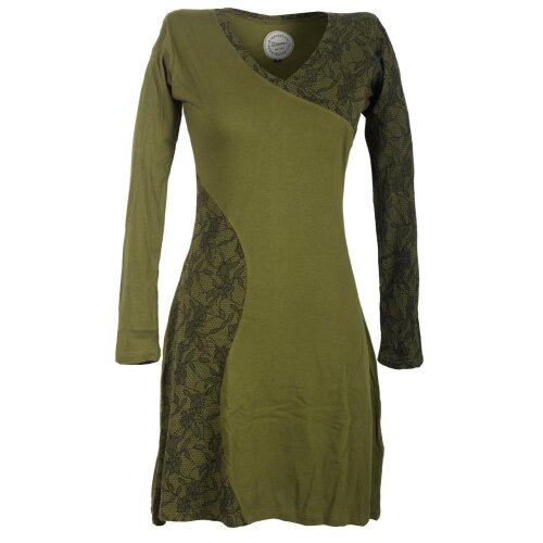 Vishes Asymmetrisches Damen Lagenlook Kleid Baumwolle mit Spitze bedruckt olive 50-52
