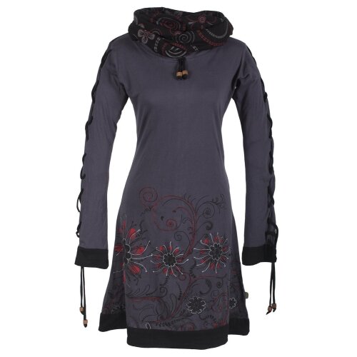 Vishes Bedrucktes Damen Blumen Kleid mit Schalkragen und Schnüren grau 36