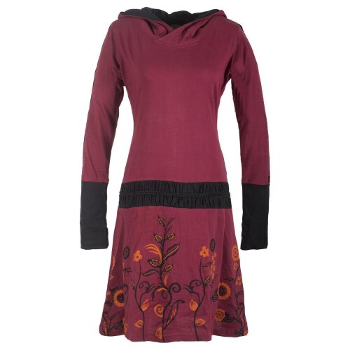 Vishes - Bedrucktes Langarm Damen Blumen Kleid mit Kapuze und geknüpftem Gürtel dunkelrot 34-36