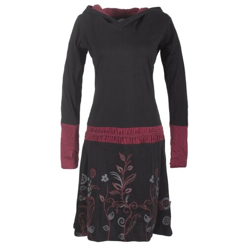 Vishes - Bedrucktes Langarm Damen Blumen Kleid mit Kapuze und geknüpftem Gürtel schwarz 46