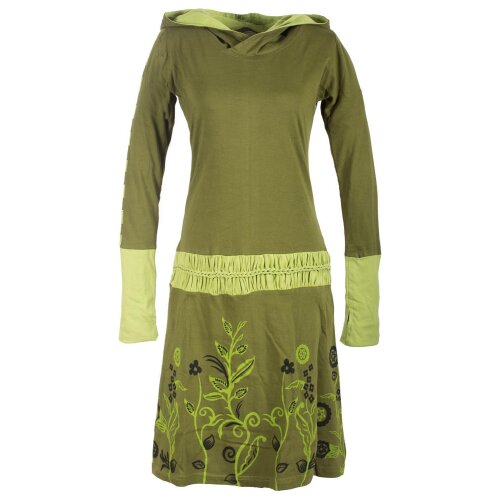 Vishes - Bedrucktes Langarm Damen Blumen Kleid mit Kapuze und geknüpftem Gürtel olive 44