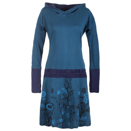 Vishes - Bedrucktes Langarm Damen Blumen Kleid mit Kapuze und geknüpftem Gürtel türkis 40-42