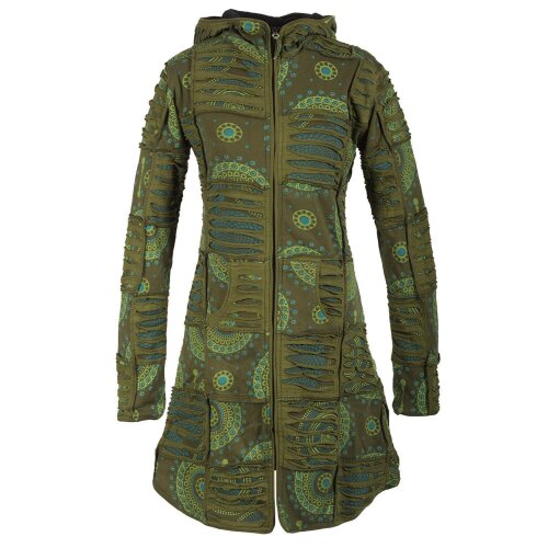 Vishes Damen Patchworkmantel Baumwolle Cutwork bedruckt Zipfelkapuze olive 40