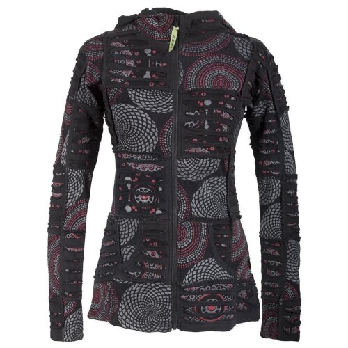 Vishes Kurze Leichte Damen Patchworkjacke aus Baumwolle mit Zipfelkapuze und Cutwork schwarz 38-40