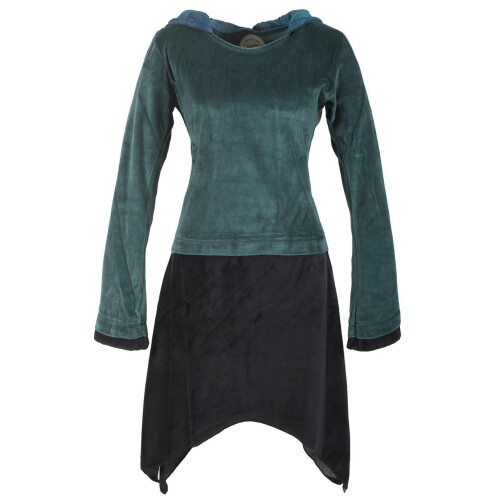 Vishes zweifarbiges Damen Langarm Zipfelkleid aus Samt mit Zipfelkapuze türkis 34