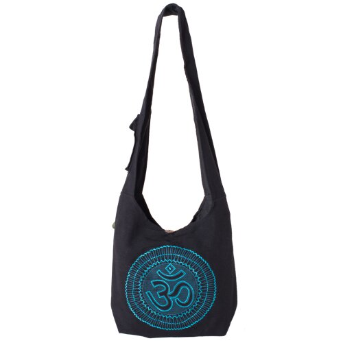 Vishes - Umhängetasche Stoff Beuteltasche aus Baumwolle langer breiter Tragegurt Om Damen Herren Unisex schwarz-türkis