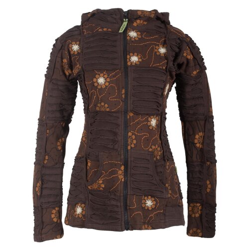 Vishes - Bestickte Damen Blumen Patchworkjacke Hoodie aus Baumwolle mit Zipfelkapuze braun 50