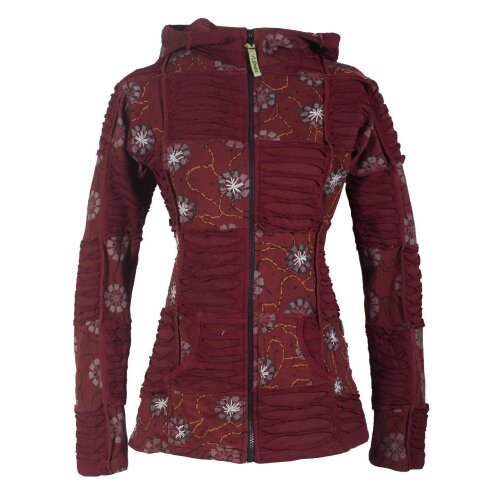 Vishes - Bestickte Damen Blumen Patchworkjacke Hoodie aus Baumwolle mit Zipfelkapuze dunkelrot 32