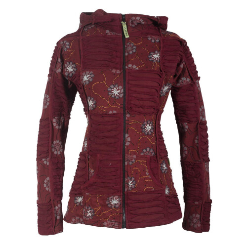 Vishes - Bestickte Damen Blumen Patchworkjacke Hoodie aus Baumwolle mit Zipfelkapuze dunkelrot 34