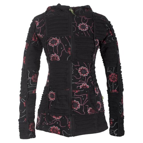 Vishes - Bestickte Damen Blumen Patchworkjacke Hoodie aus Baumwolle mit Zipfelkapuze schwarz 48